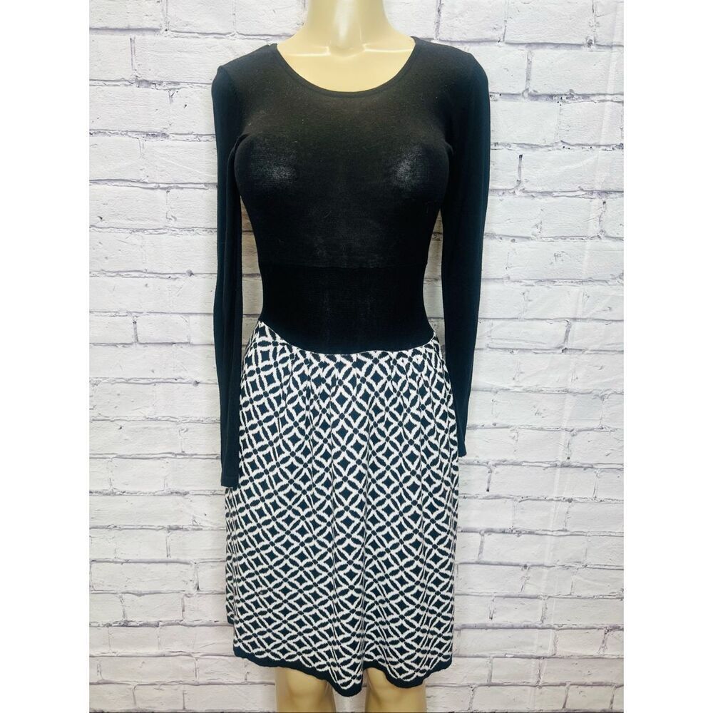 ECI New York Womens Black Gray Geometric Long Sleeve A-line Midi Dress Small